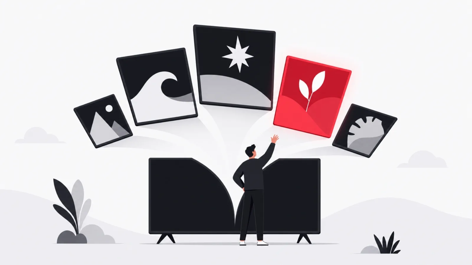 A large television screen fanning apart into many smaller screens, a figure reaching toward one that glows red