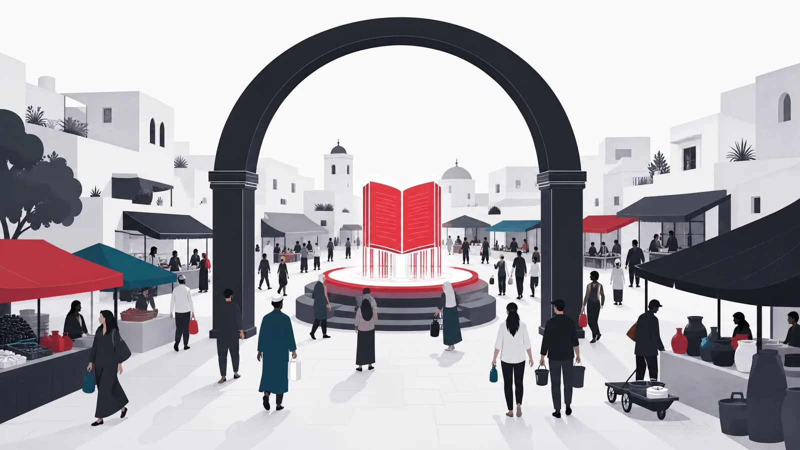 A doorless market archway traders can bypass beside a central ledger fountain that draws everyone inward