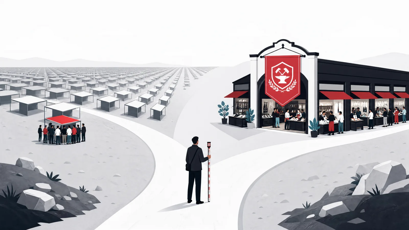 A fork between a vast half-empty general bazaar and a compact busy specialty arcade under a guild banner