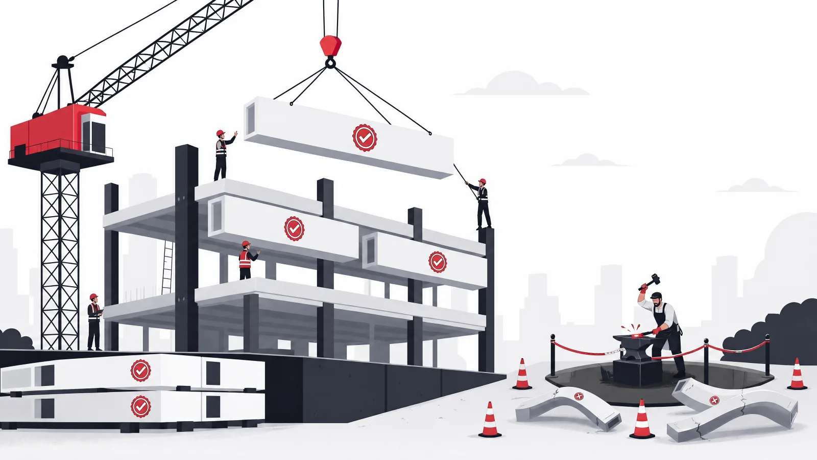 Workers installing certified prefabricated beams while one roped-off figure hand-forges a bent beam among warning cones