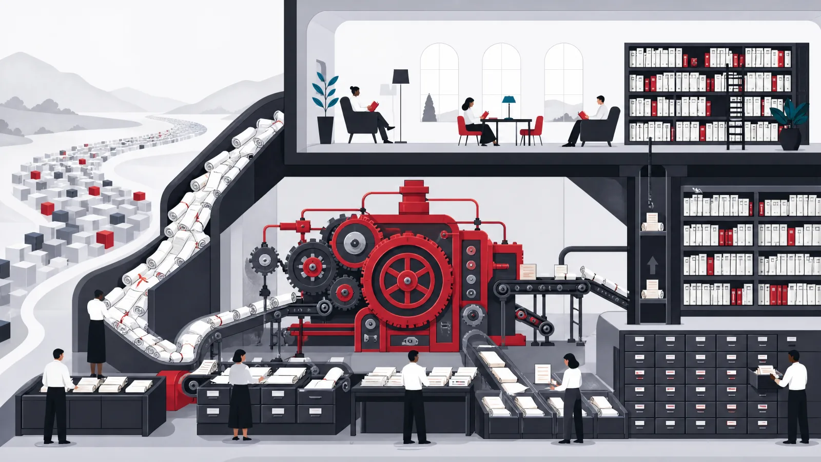 A library cross-section where a huge cataloging engine turns a flood of incoming scrolls into orderly shelves for a small reading room
