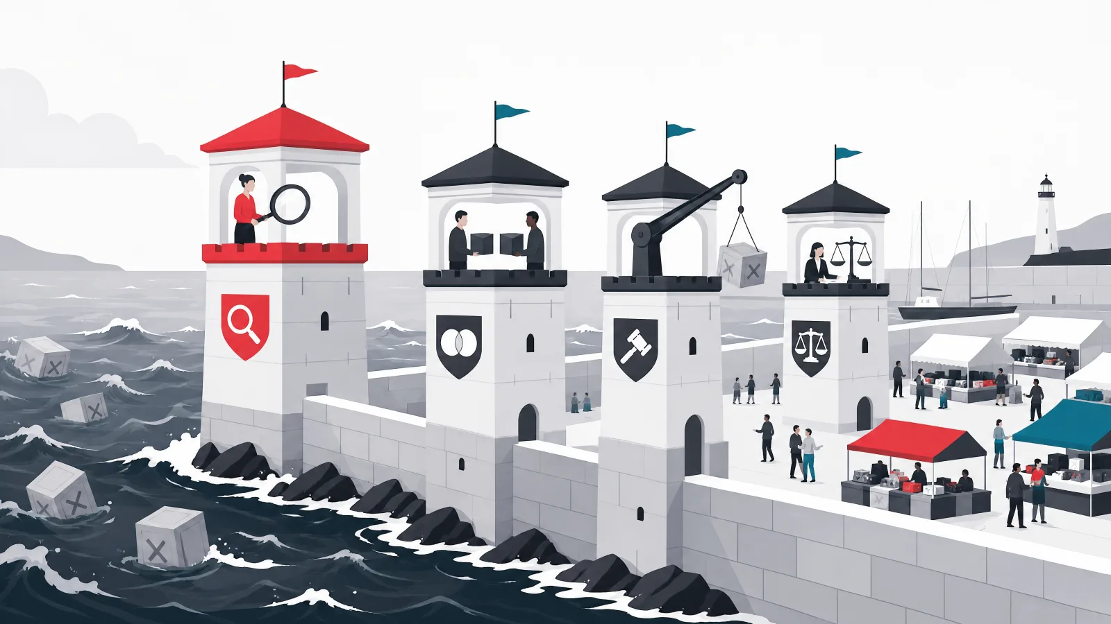 A harbor market behind a seawall of inspection, duplicate-detection, takedown and dispute towers keeping counterfeit crates out
