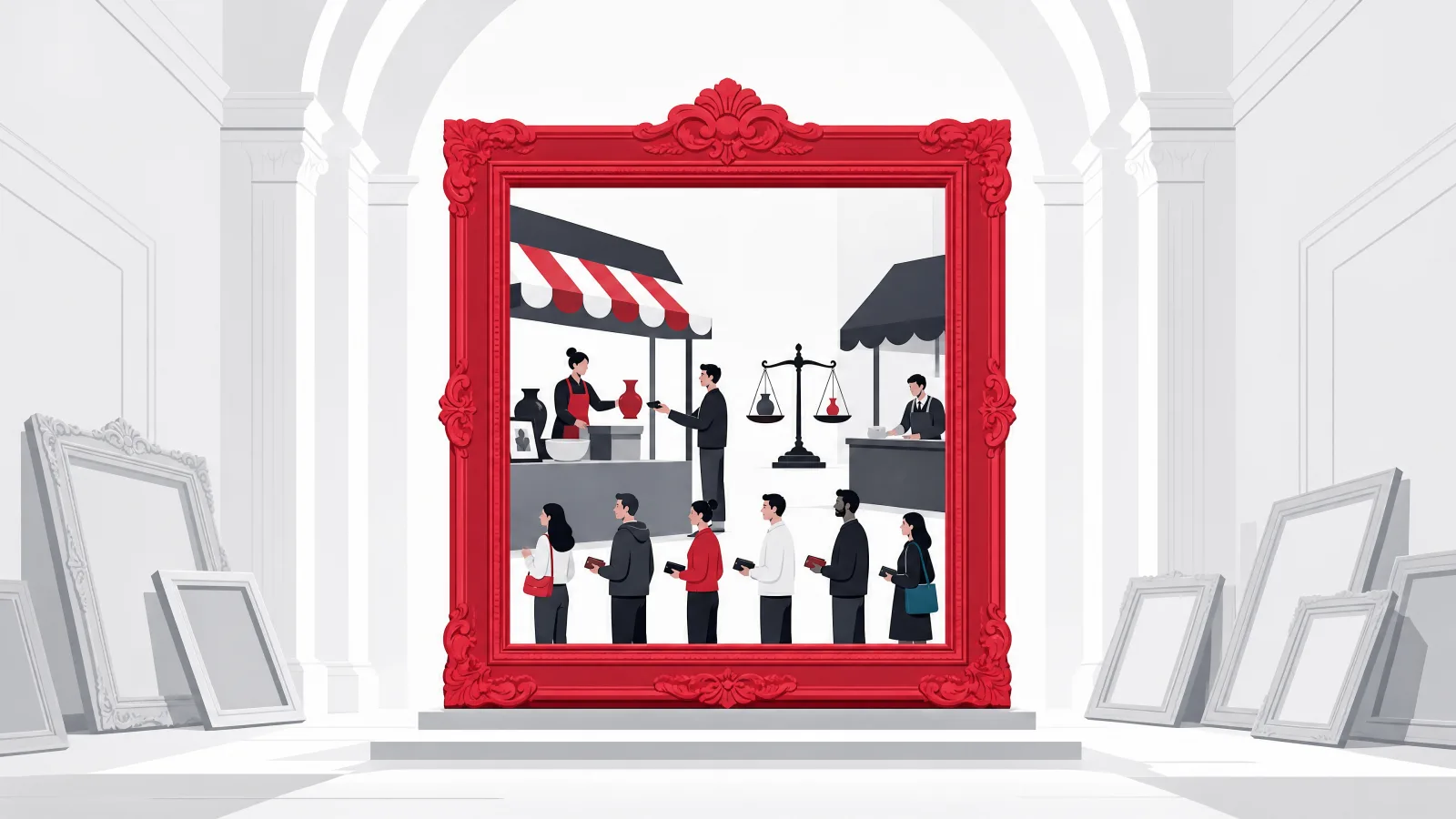 One standing ornate frame containing a miniature working marketplace while faded empty frames lie stacked around the hall