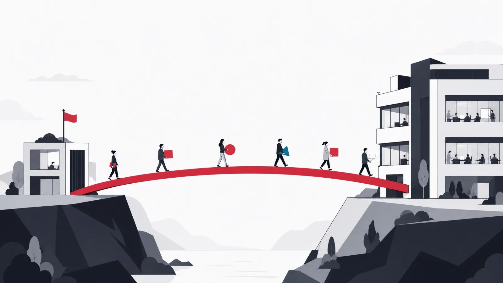 Two buildings joined by a single red bridge carrying people and work in both directions