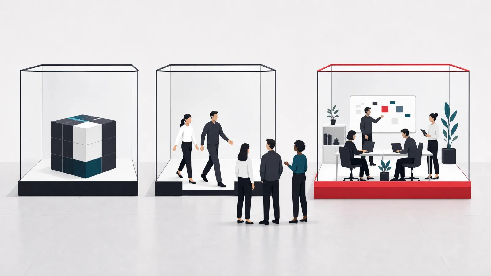 Three display cases showing a finished project, borrowed individuals, and a complete resident team
