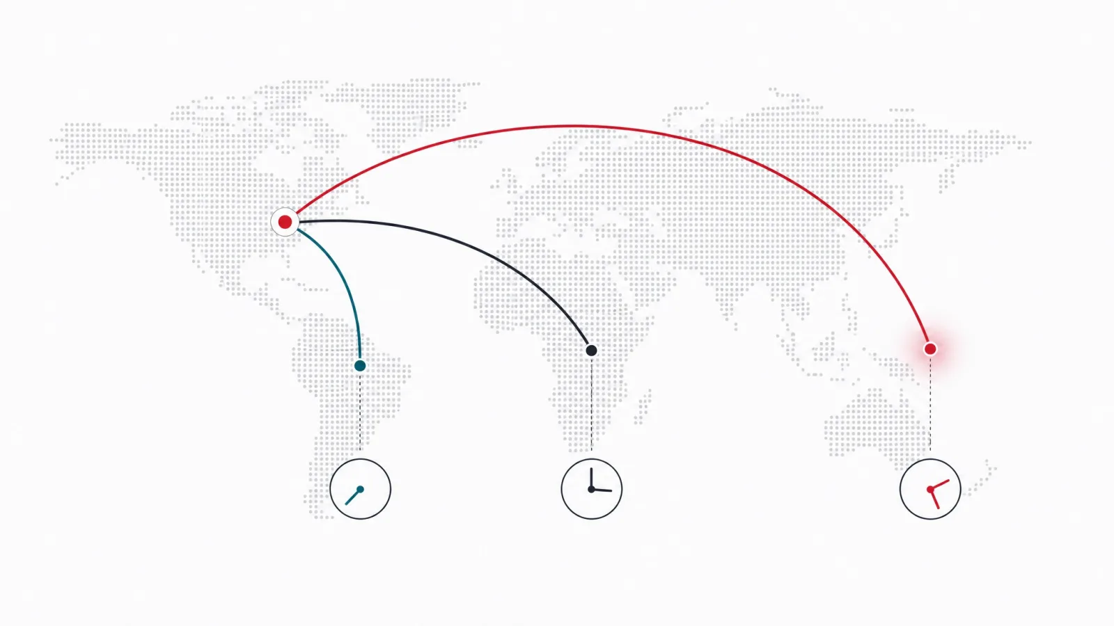 Dot-grid world map with three arcs of increasing distance, each ending at a clock face