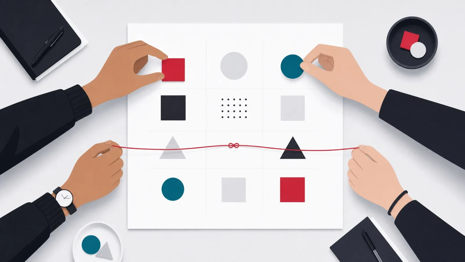 Two pairs of hands from opposite sides arranging pieces into one shared orderly grid
