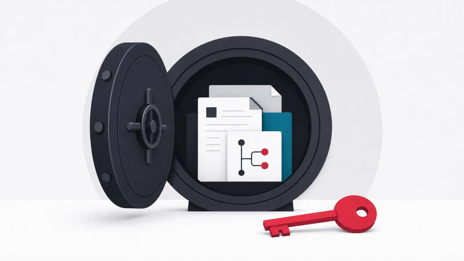 An open minimal vault with documents and code diagrams inside, a red key resting in front
