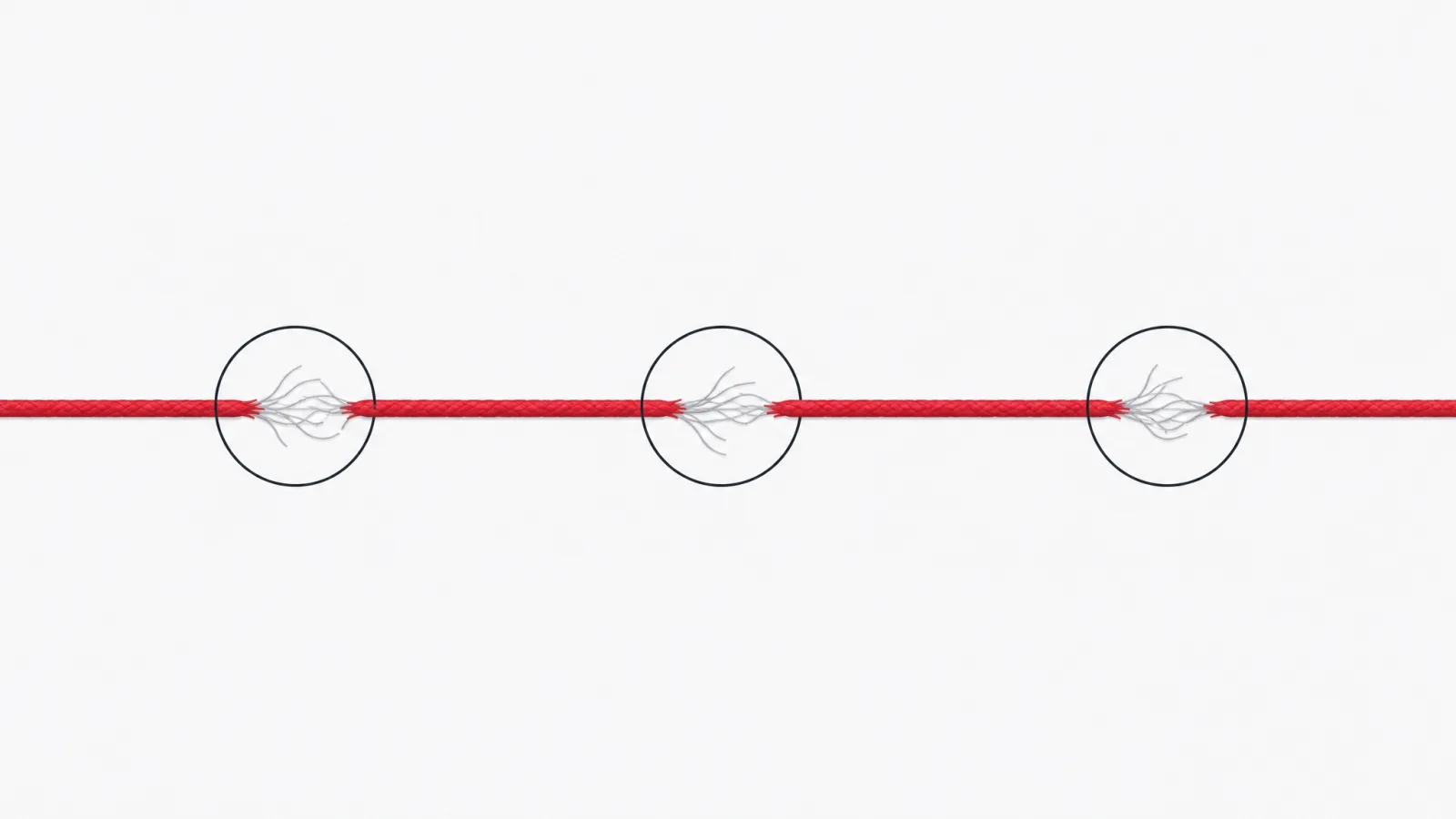 A red line fraying into loose threads at three ringed points before continuing solid