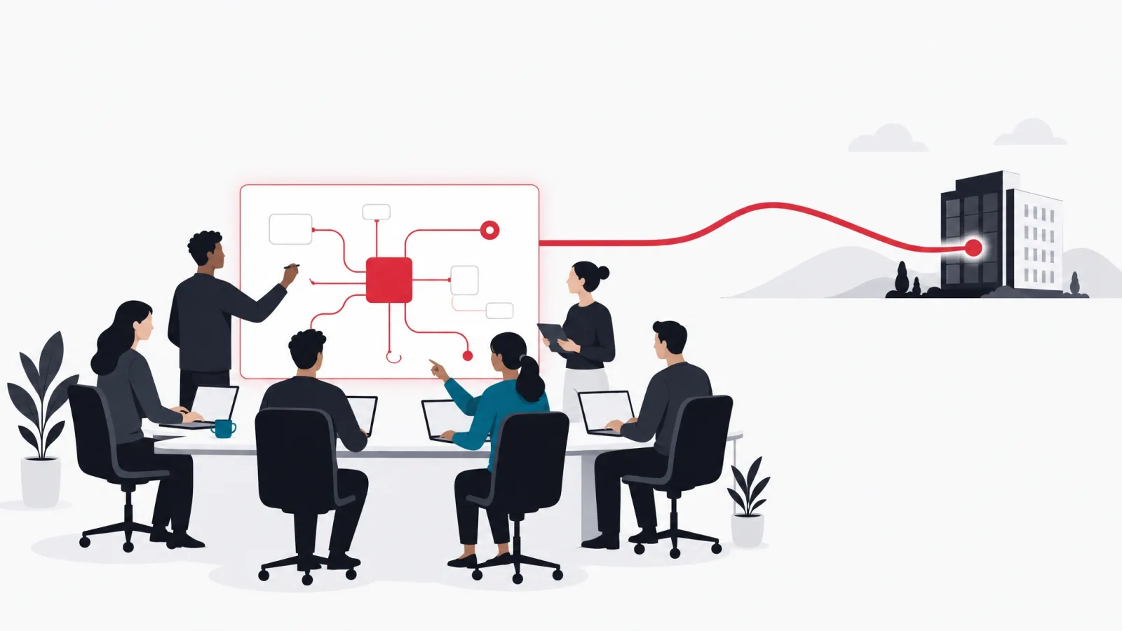 Illustration of a dedicated offshore development team connected to a distant client office by a single line