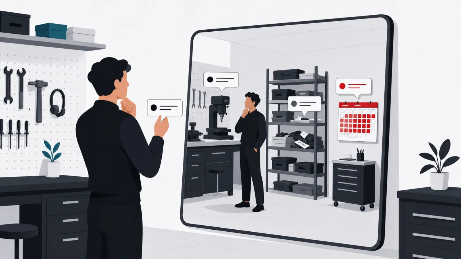 A leader before a mirror whose reflection shows their own workshop annotated with inspection tags on machine, backlog and calendar