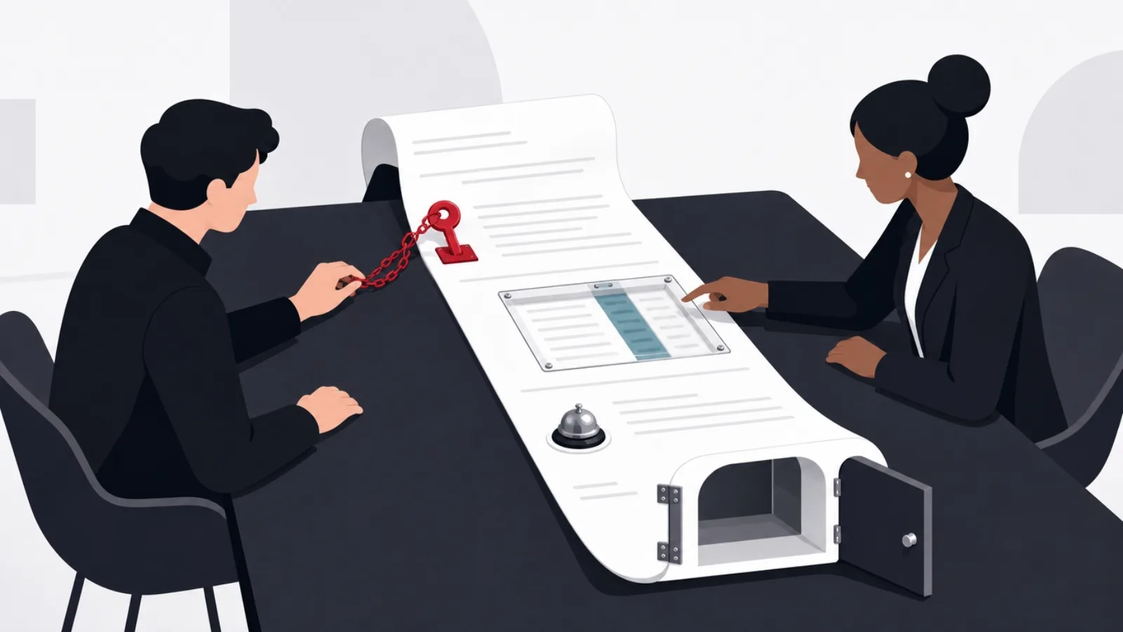 A buyer and partner testing mechanisms embedded in a contract scroll, a chained key, a fee window, an exit hinge and an escalation bell