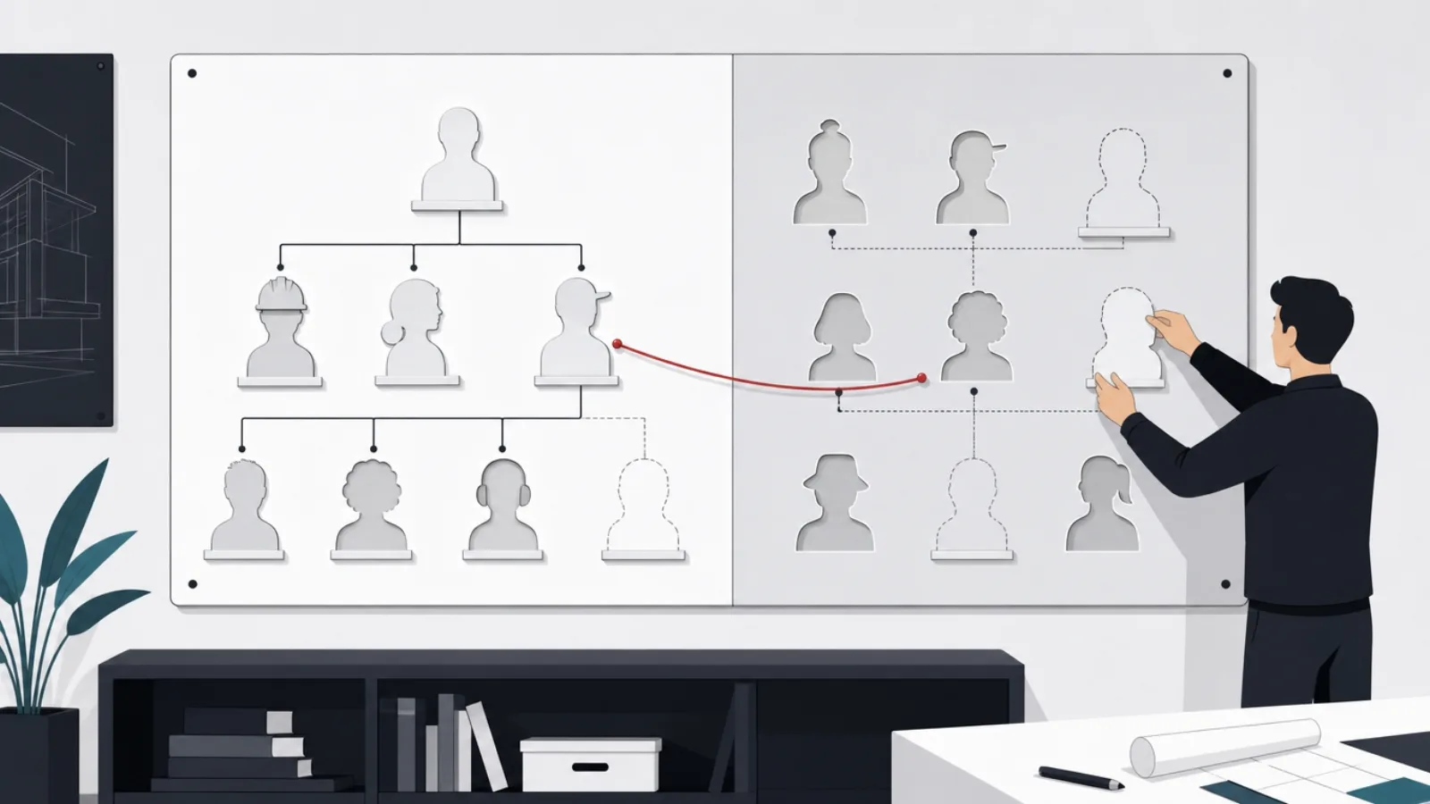 An architect arranging empty role silhouettes connected by string lines across both the center and home-team sides of a planning board
