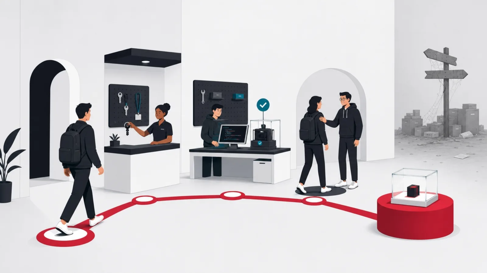 A new team member walking a guided track past access desk, working environment bench, a walking buddy and a small first-task pedestal