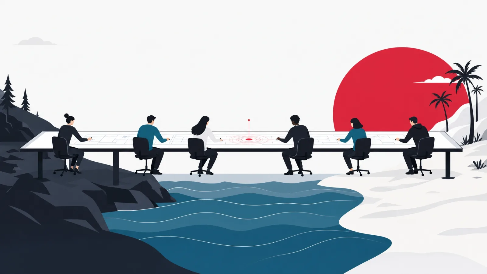 Engineers along one continuous desk spanning an ocean between two shores, working on a single shared blueprint