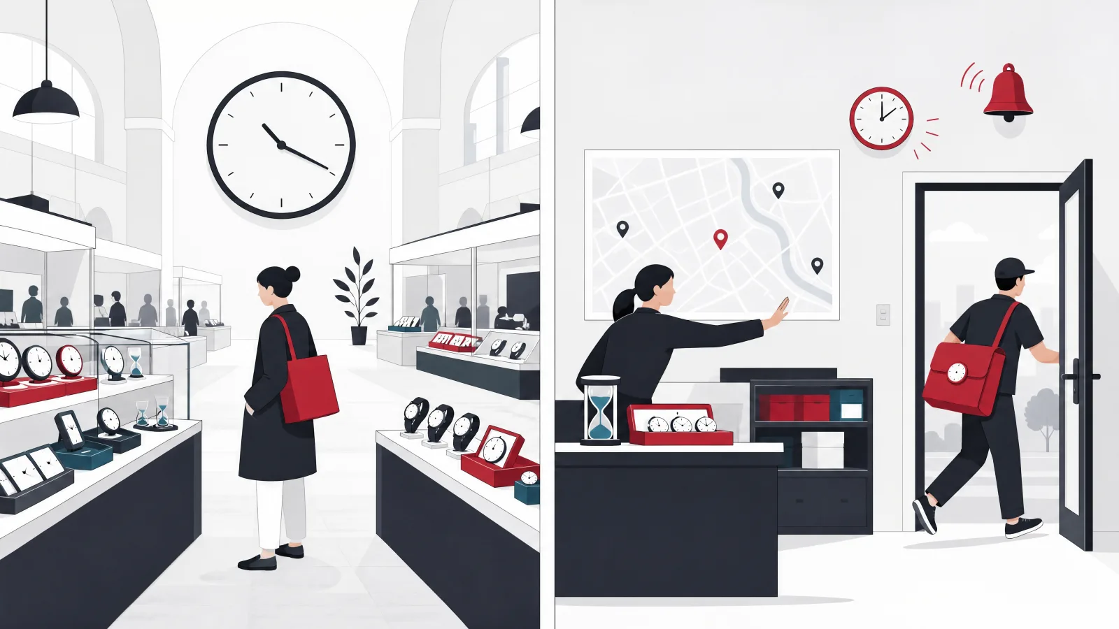 A relaxed marketplace hall with a large clock beside a tense dispatch room with a wall map, a small ticking clock and a courier leaving