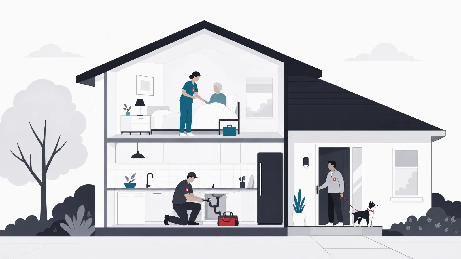 A cutaway house with a technician at a kitchen pipe, a nurse at an upstairs bedside and a dog walker at the front door, each wearing a badge