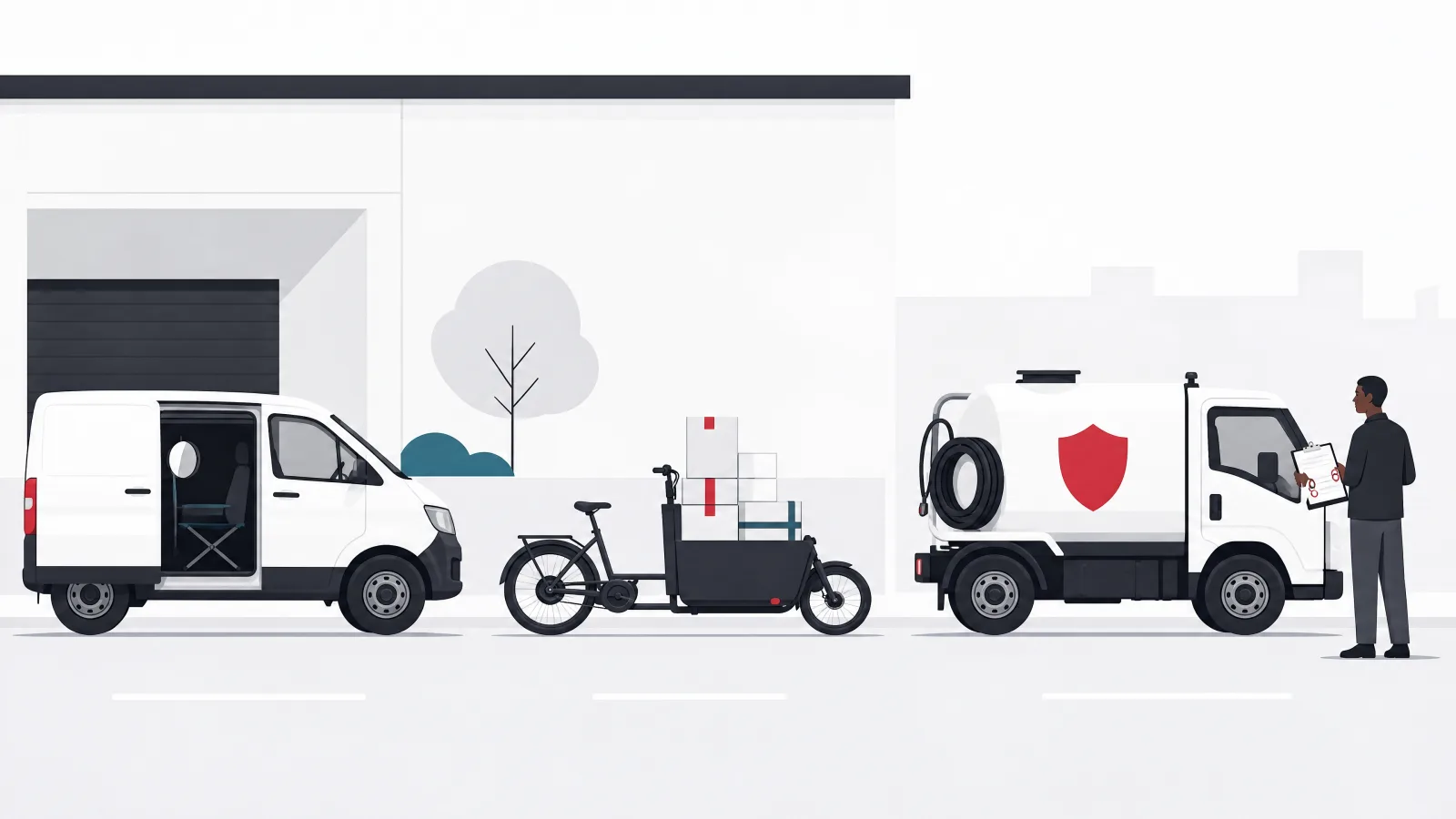 A van with a salon chair, a cargo bike stacked with parcels and a small tanker truck with a shield emblem and a figure holding stamped permit sheets