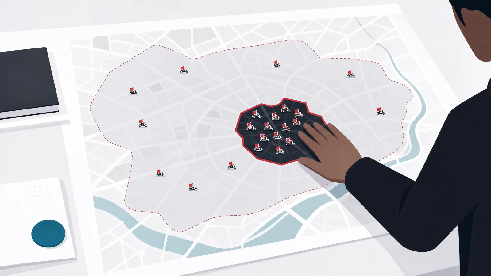 A table map with a thin sprawling service blob and one small dense solid district under a figure's hand