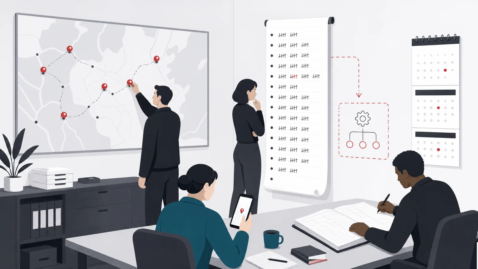 A small team in an operations room with one figure moving map pins by hand and another studying a tally log and sketching a switch from it
