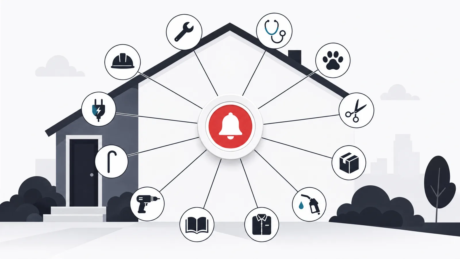 A doorbell button radiating twelve lines to small service silhouettes including a wrench, stethoscope, paw, parcel, fuel nozzle and charging plug