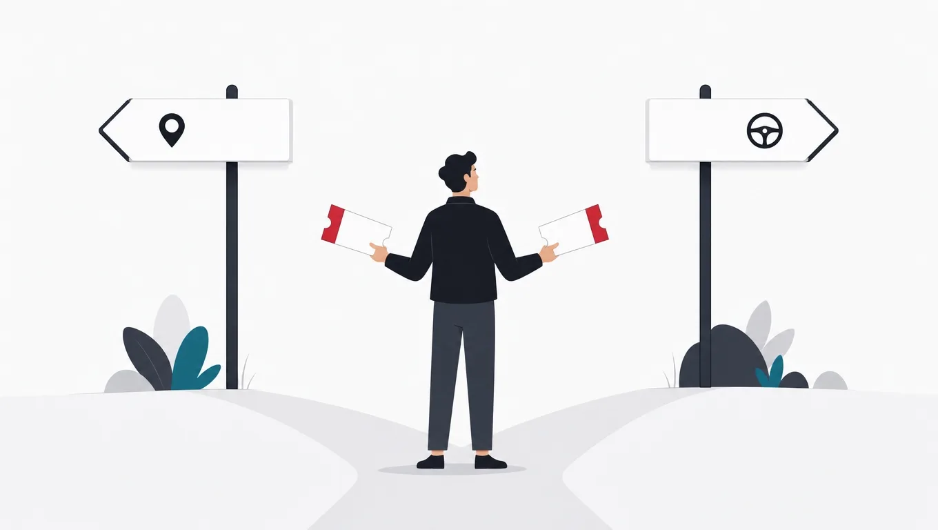 A figure holding two separate tickets before two distinct signposts, one for place and one for control