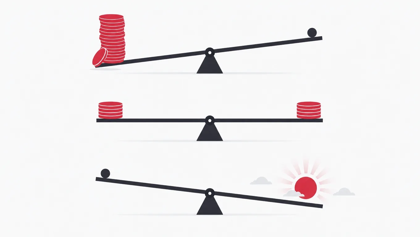 A balance beam trading a coin stack against a band of shared daylight, shown in three states