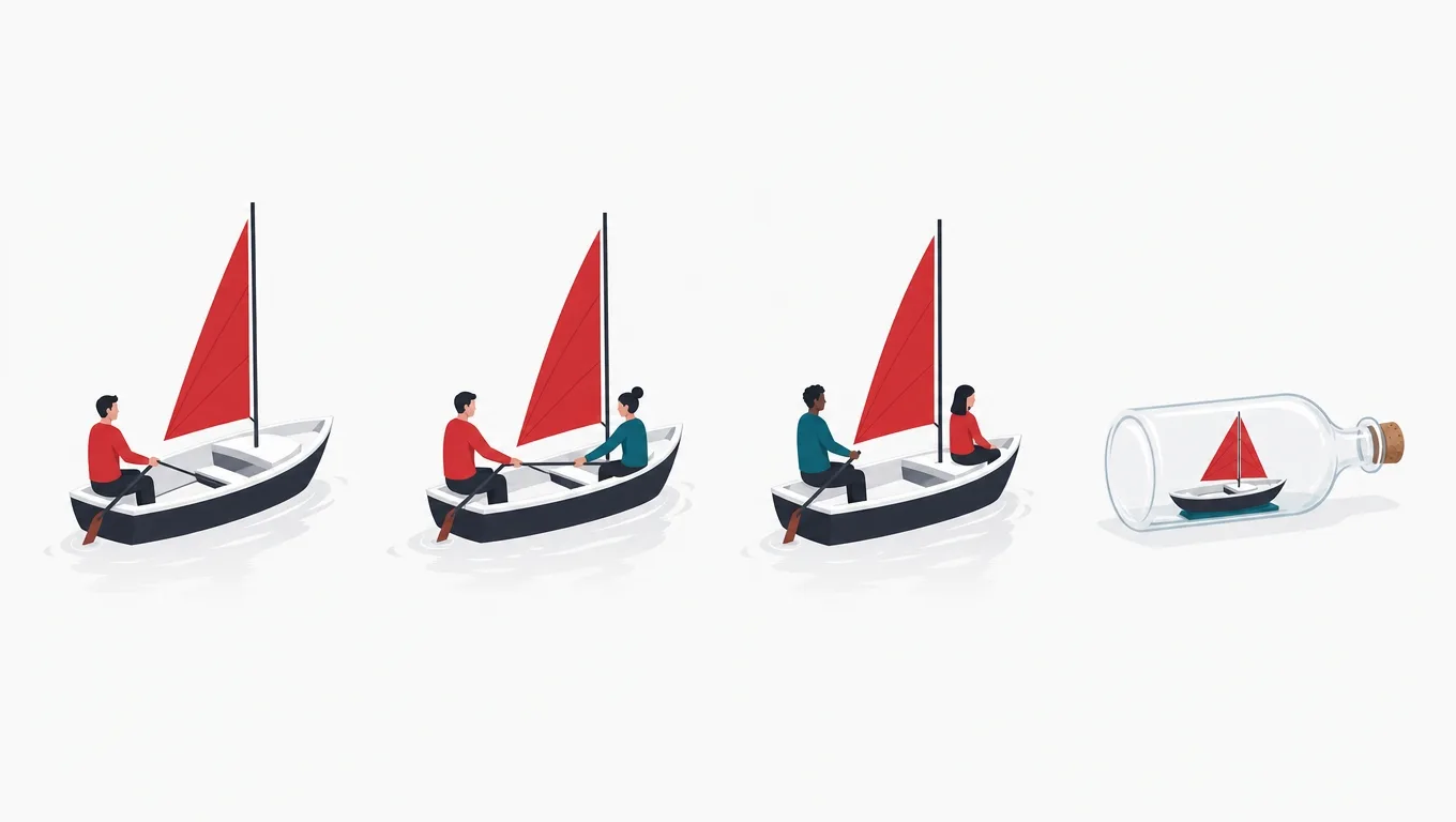Four boats showing four steering arrangements from client-steered to finished boat in a bottle