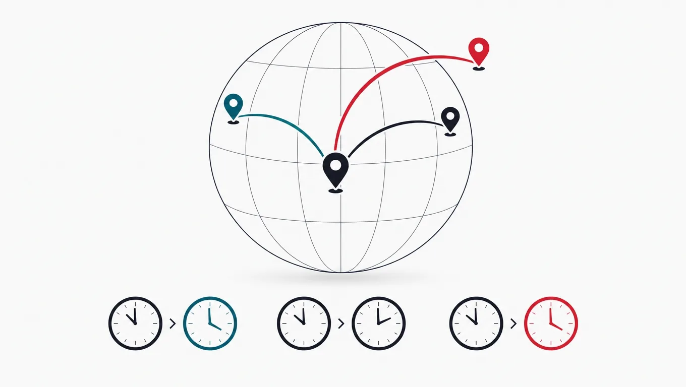 A wireframe globe with three arcs of increasing distance, each paired with diverging clock dials