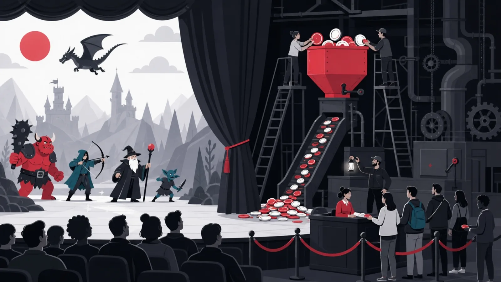 A half-open stage curtain revealing that a joyful game backdrop is fed by a coin hopper refilled by new ticket buyers