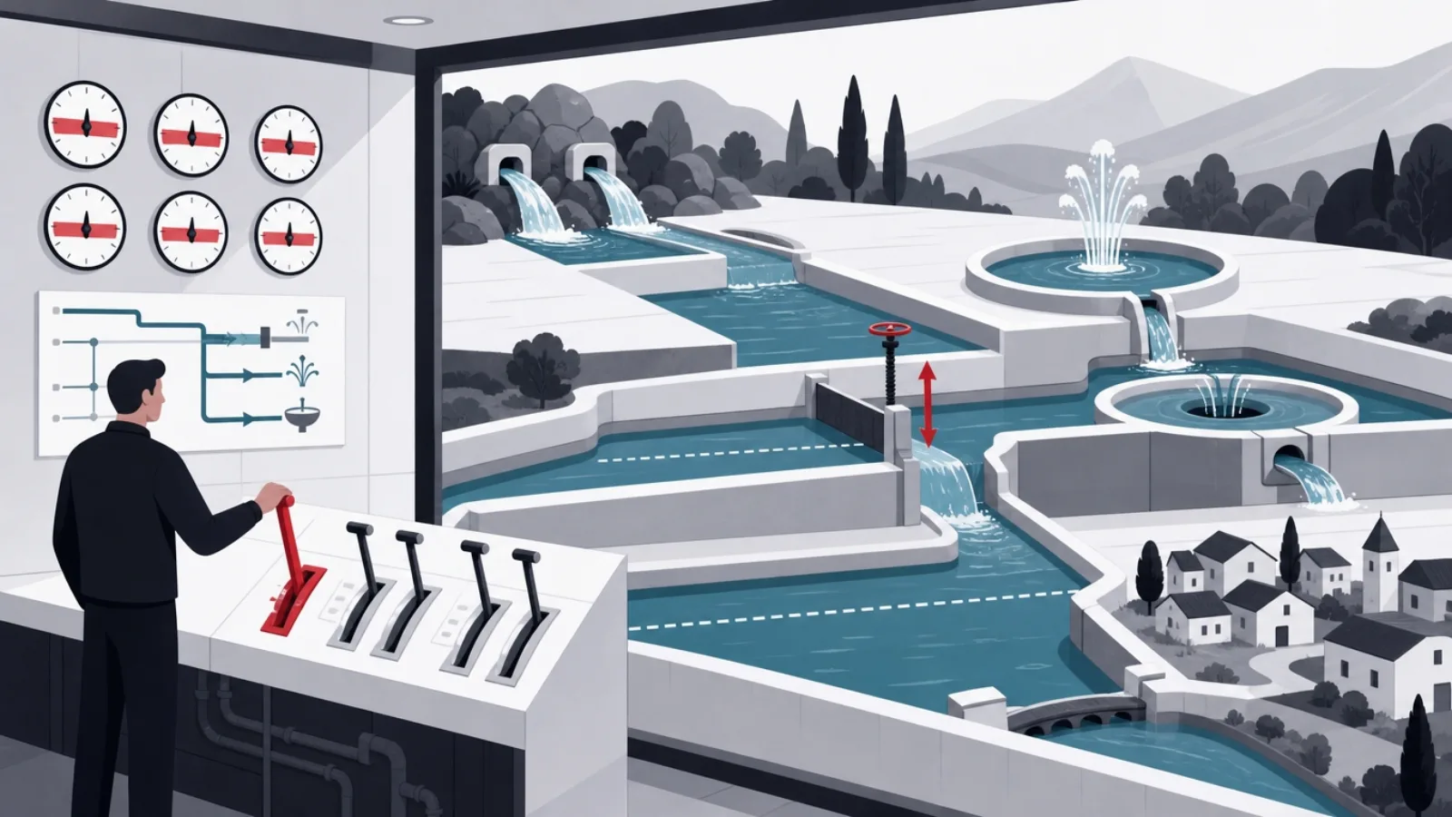 A cutaway water-garden control room where an engineer balances source springs against fountain drains to hold pool gauges in a steady band
