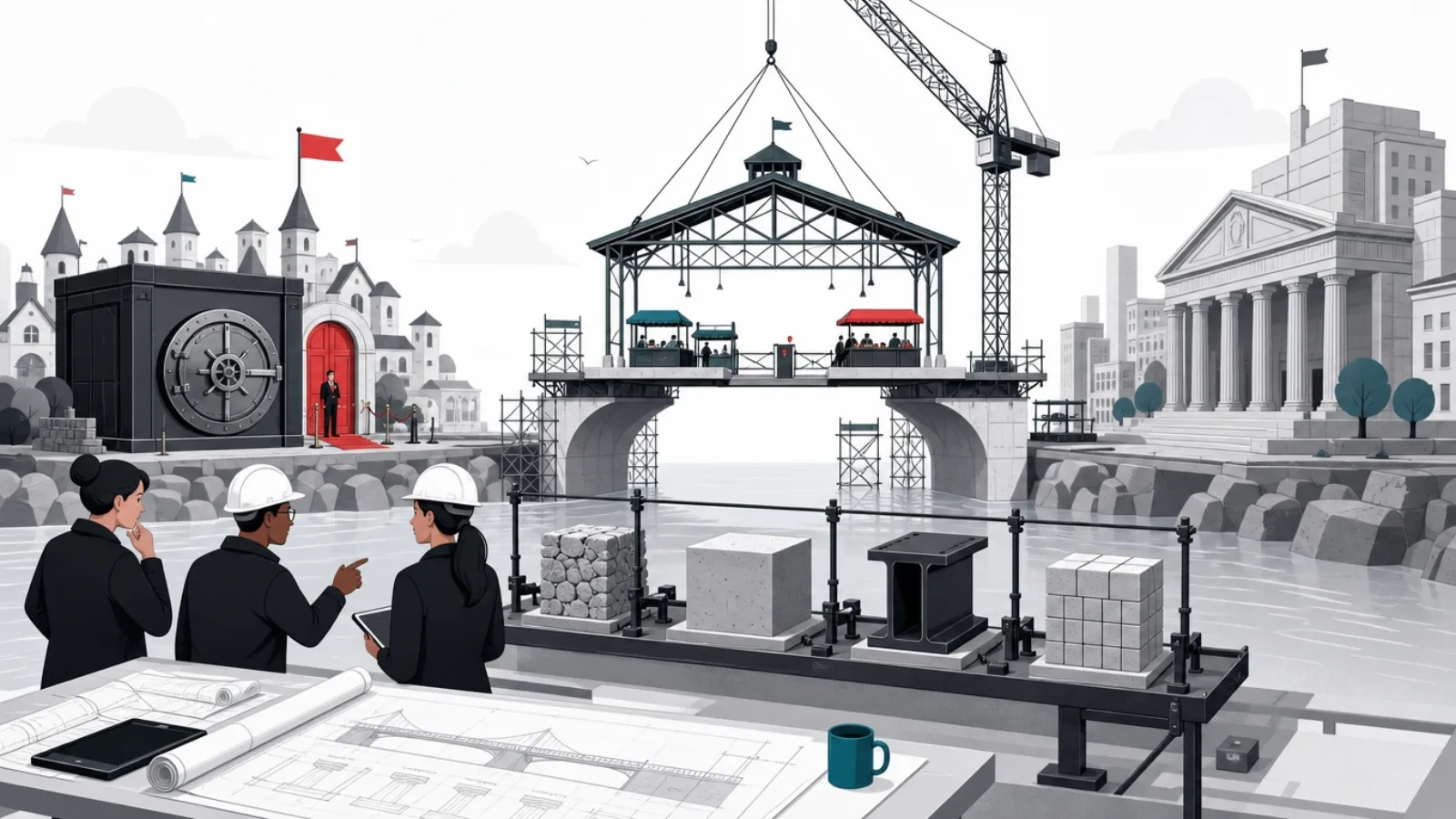 A bridge construction site between a game city and a financial district, with foundation samples on a rig, a two-door vault and a mid-bridge market hall