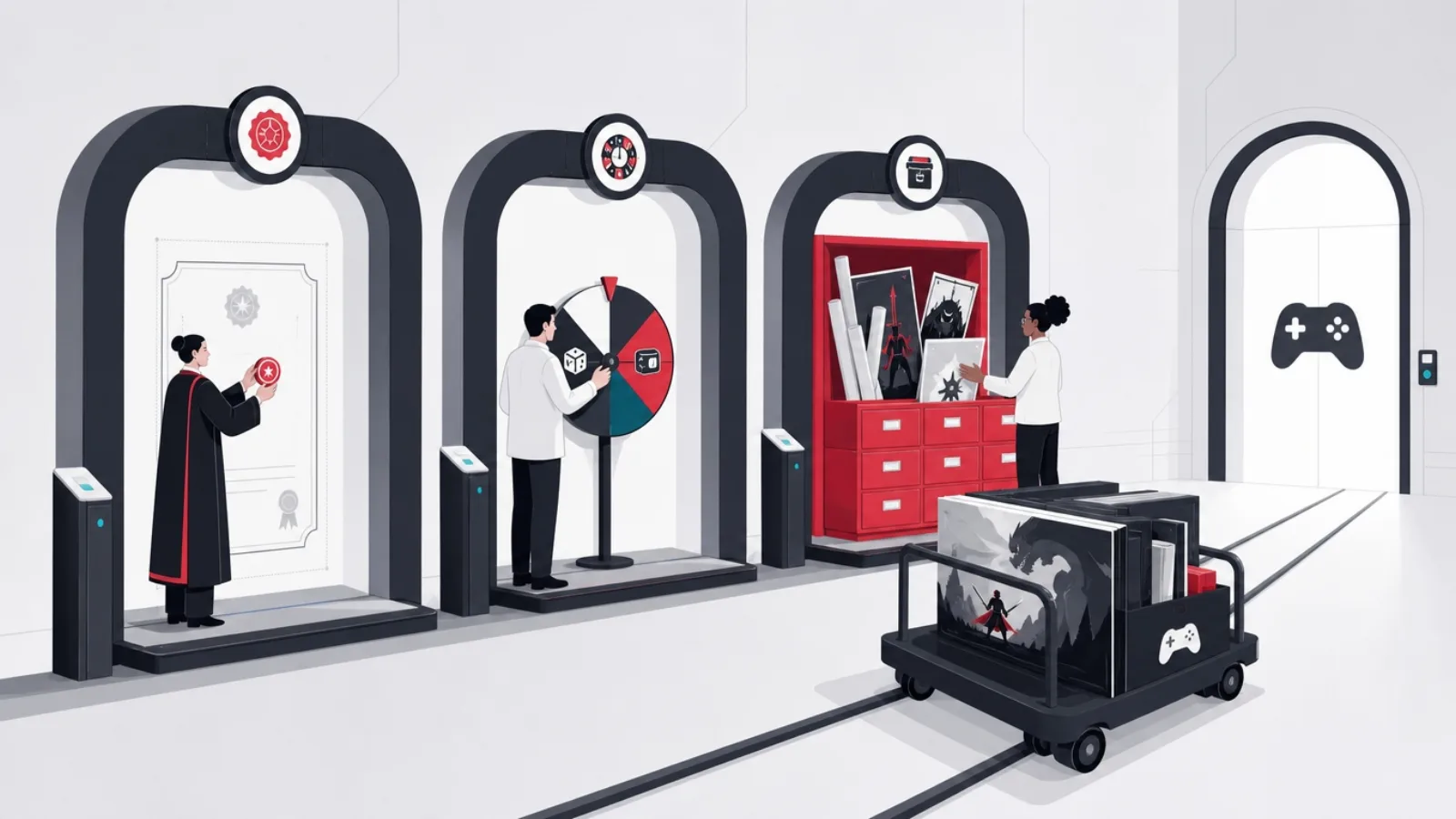 A launch corridor with three inspection arches, a token measured against a certificate template, a test wheel for chance, and a marketing evidence cabinet
