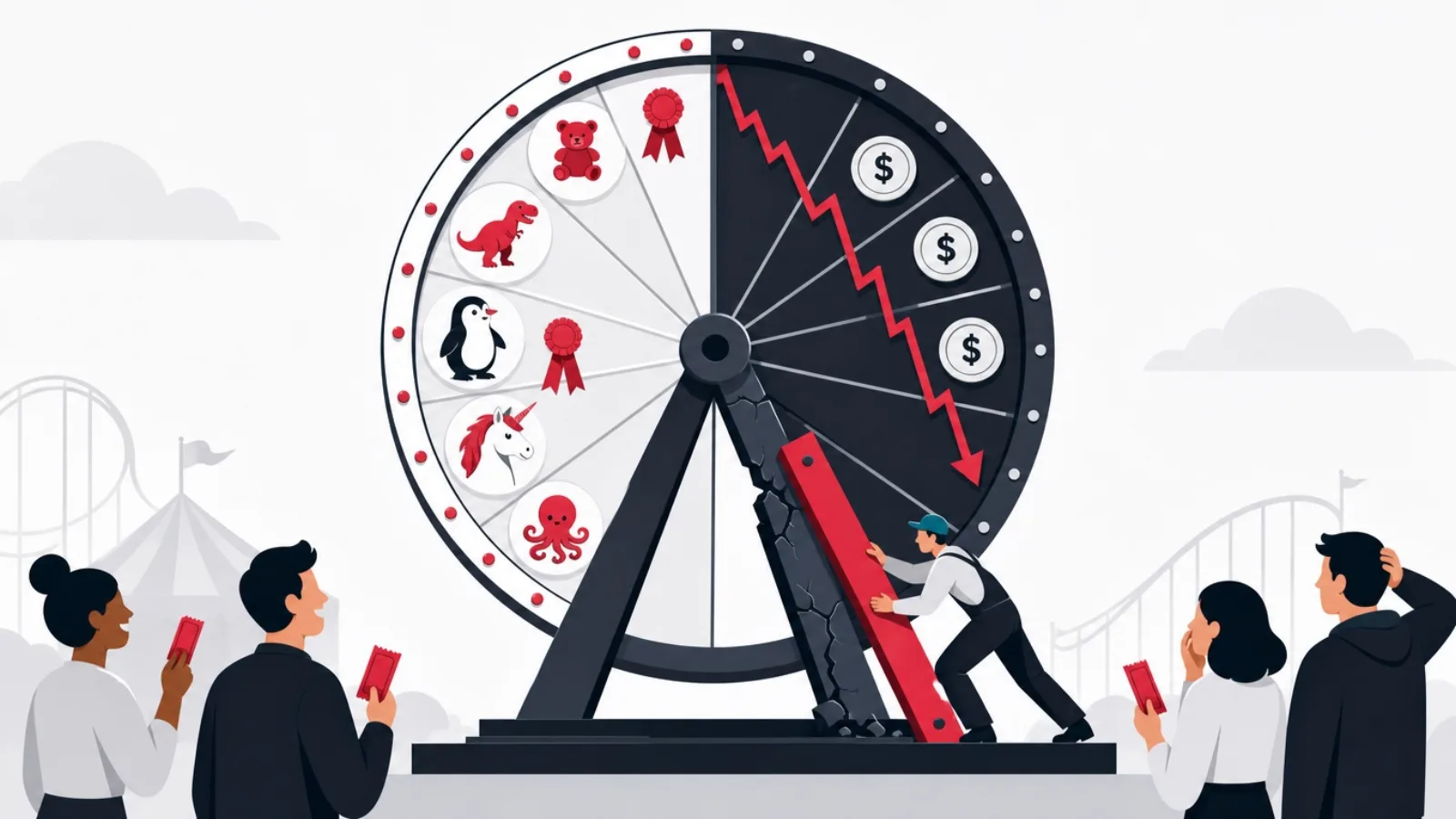 A carnival wheel half game prizes and half coin chart, leaning on a cracked strut while an engineer braces it with a new beam