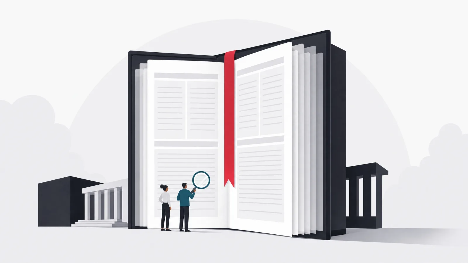 A monumental upright ledger with translucent layered pages and one bright bookmark ribbon running through every layer