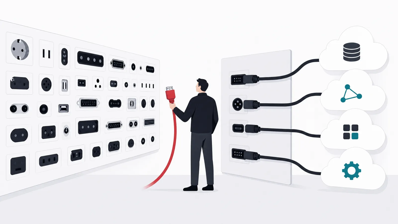 A wide patch panel with many varied sockets beside a narrower panel whose sockets are thickly cabled to matching cloud modules, with a figure holding a cable between them