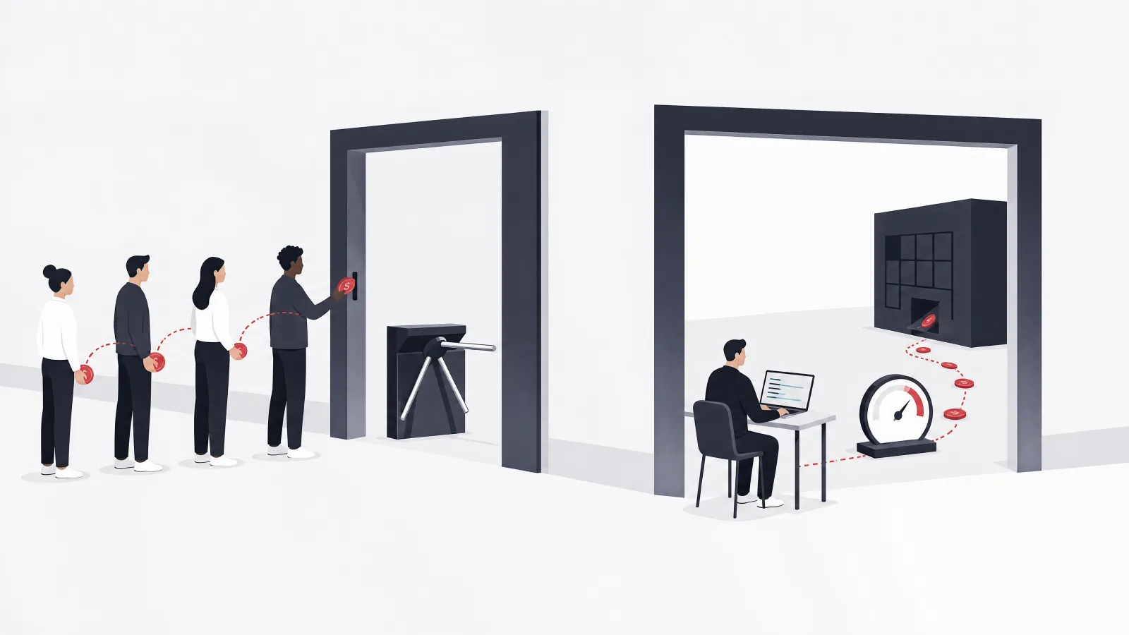 A doorway with a coin slot and per-person turnstile beside an open doorway leading to a running meter next to a warehouse block