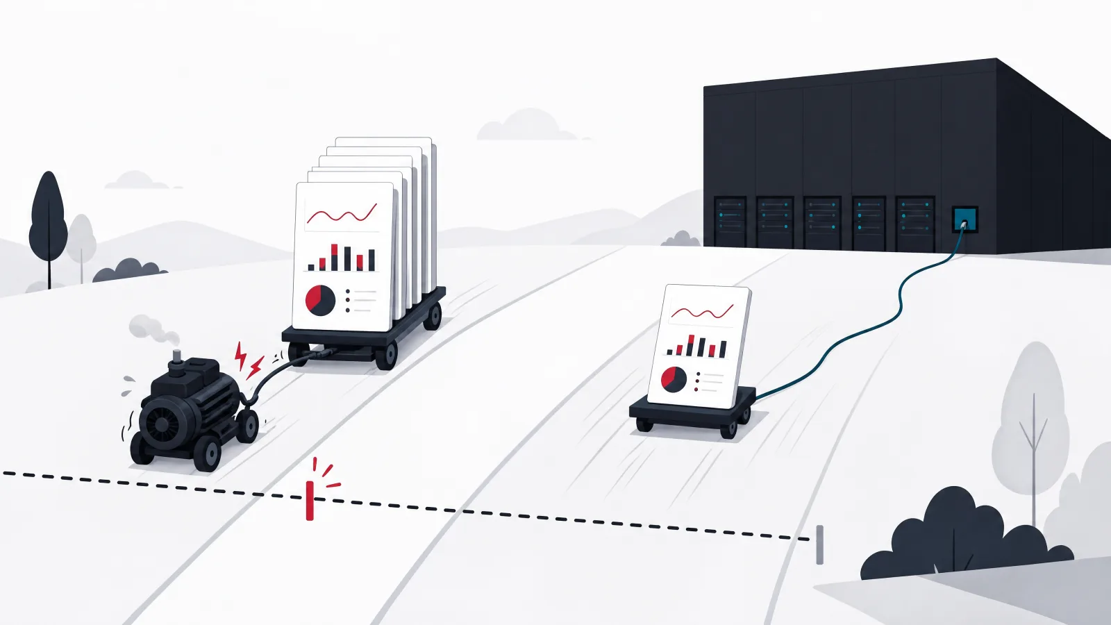 A self-contained engine cart straining at a marked line beside a small cart tethered to a large warehouse block that pulls for it