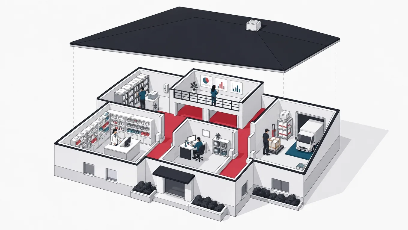 A pharmacy system as a building with the roof lifted, revealing five connected rooms