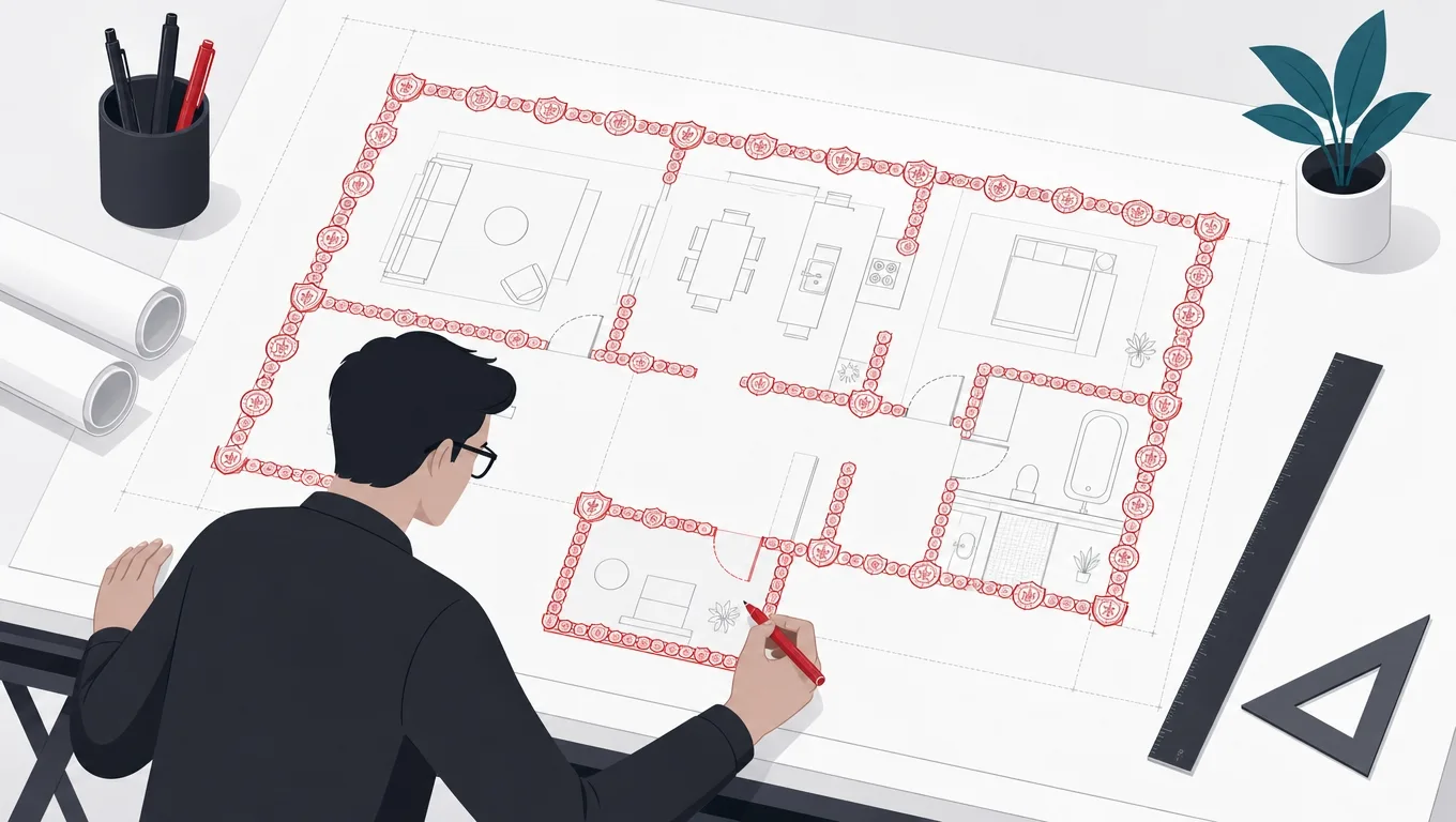 A blueprint whose load-bearing walls are drawn as regulation seals that new rooms must align with