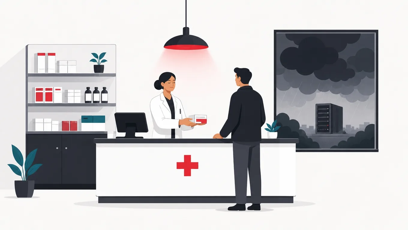 A pharmacy operating normally during an outage, powered by a local cell while the cloud hangs dark outside