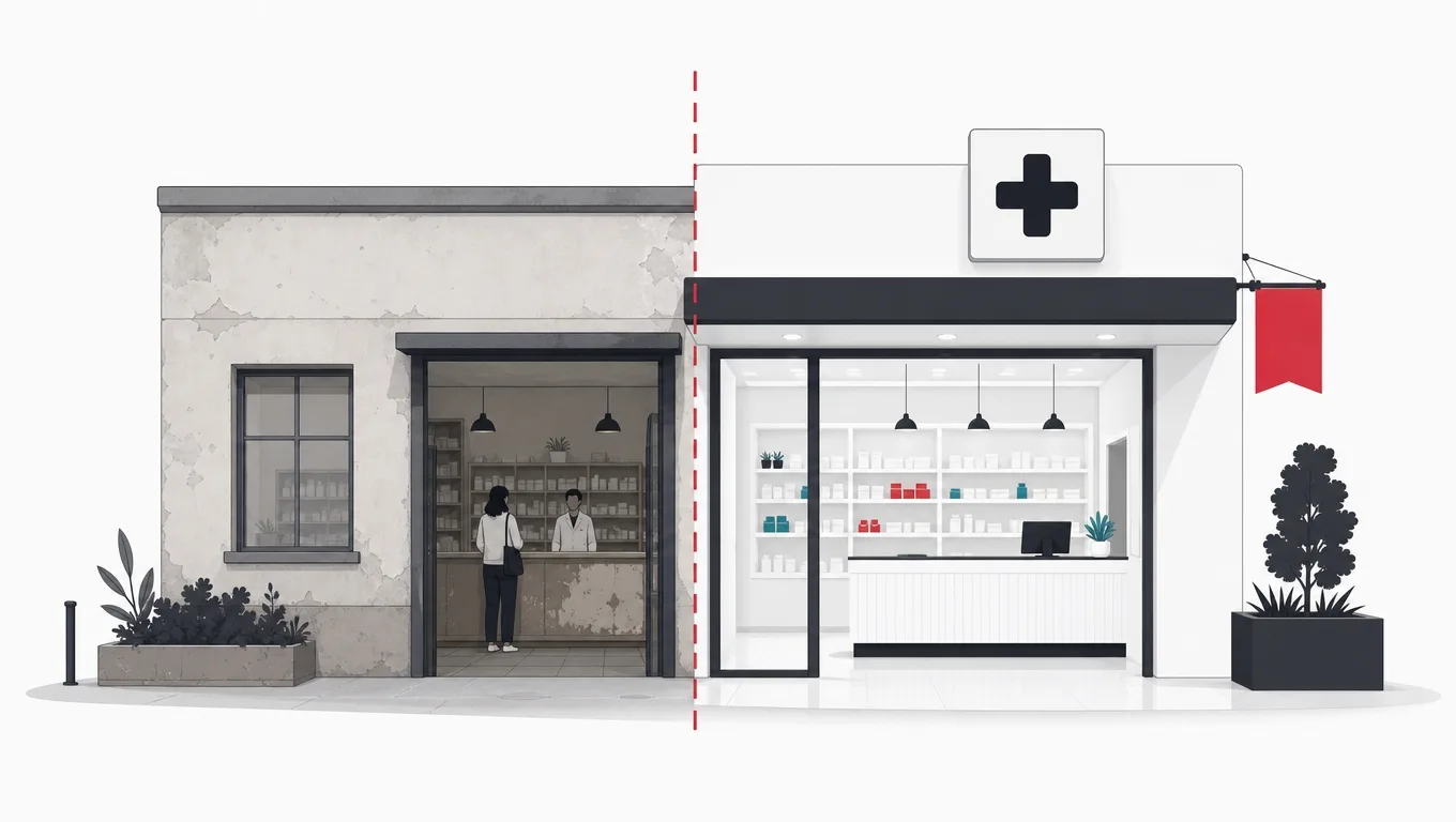 A pharmacy renovated in marked stages while the original half still serves customers
