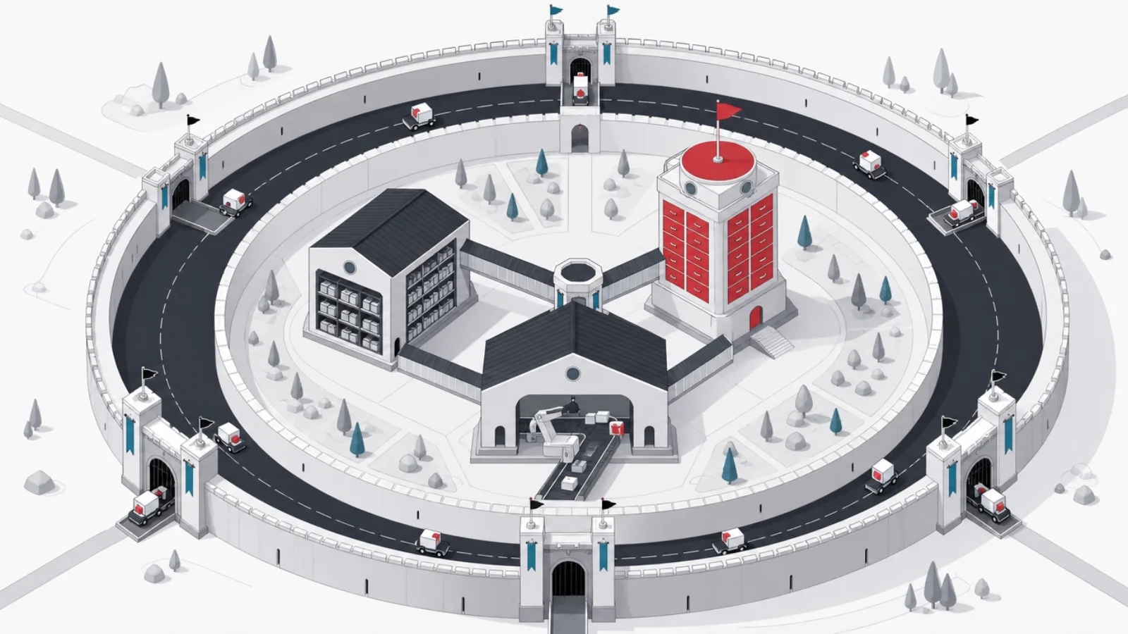 An aerial fortress city with three core buildings for dispensing, inventory and records, surrounded by a ring road with guarded docking gates