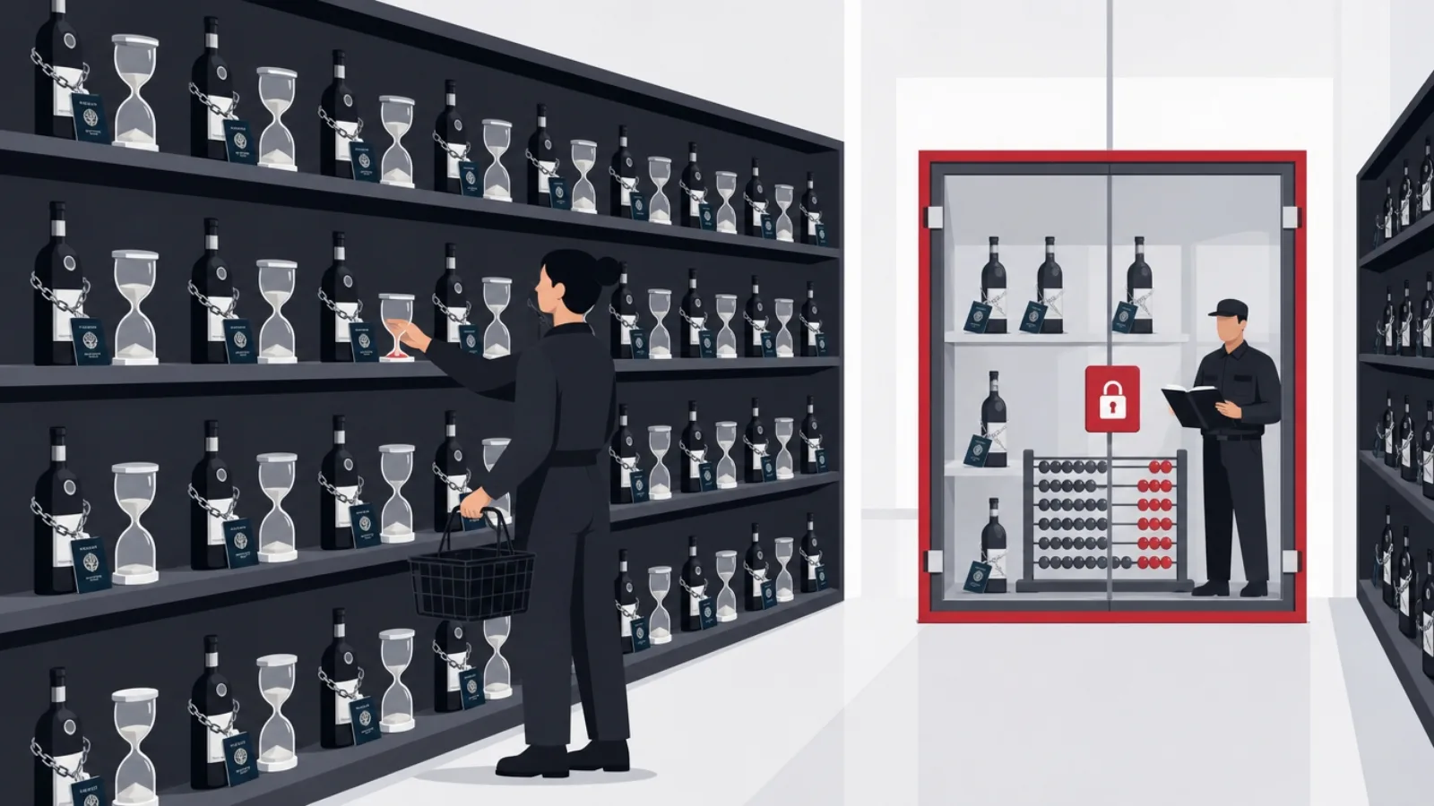 A warehouse aisle of bottles each chained to a passport booklet with hourglasses of varying sand, a locked counted cabinet at the end
