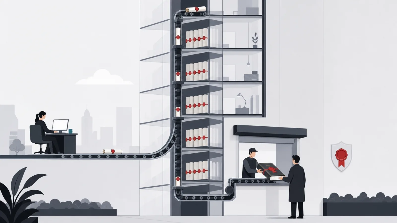 A transparent vault spine of sealed scrolls fed by a conveyor from working desks, with an inspector receiving an assembled report book at street level