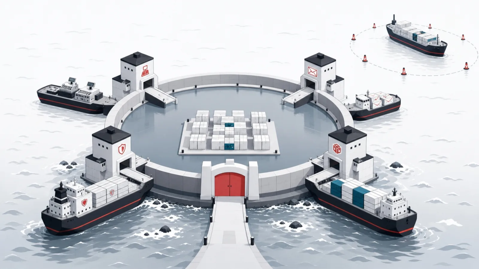 A circular harbor with four customs docks for register, prescription, claims and supplier vessels, all translating cargo before one inner gate