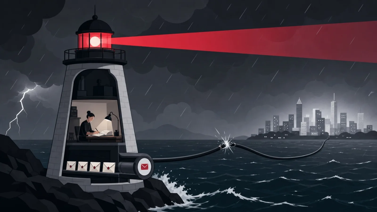 A cutaway lighthouse keeping its beam and local ledger running through a storm that severed the cable to a distant mainland city