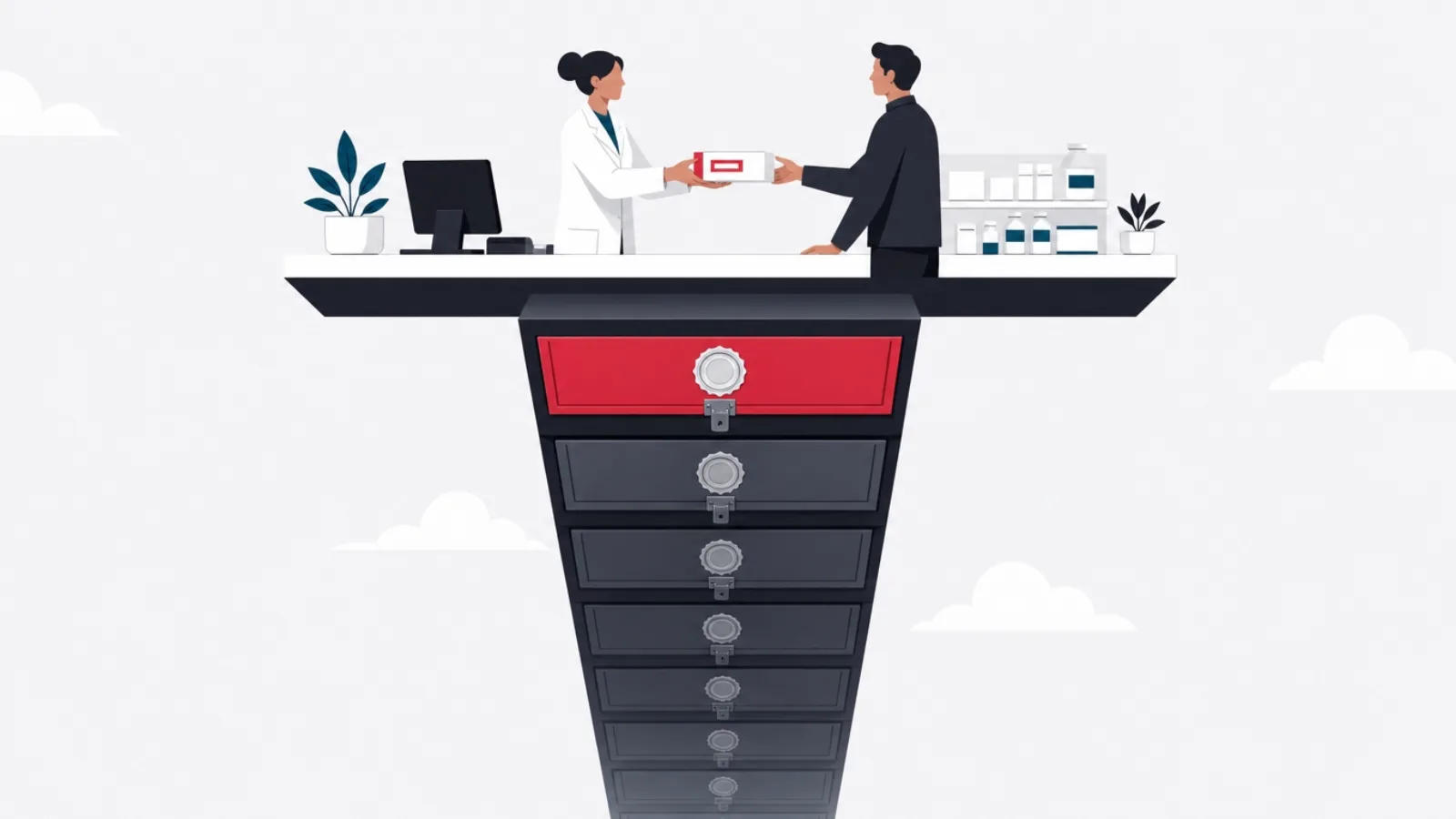 A pharmacy counter resting on a deep glowing spine of sealed record drawers descending below the floor, a pharmacist handing over one labeled package