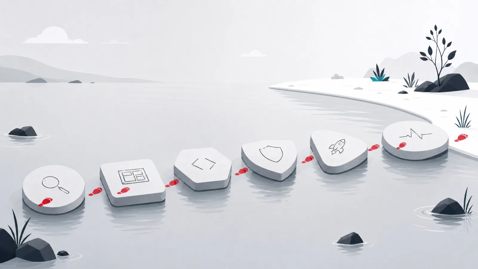Six stepping stones with engraved phase symbols crossing water, marked by red footprints