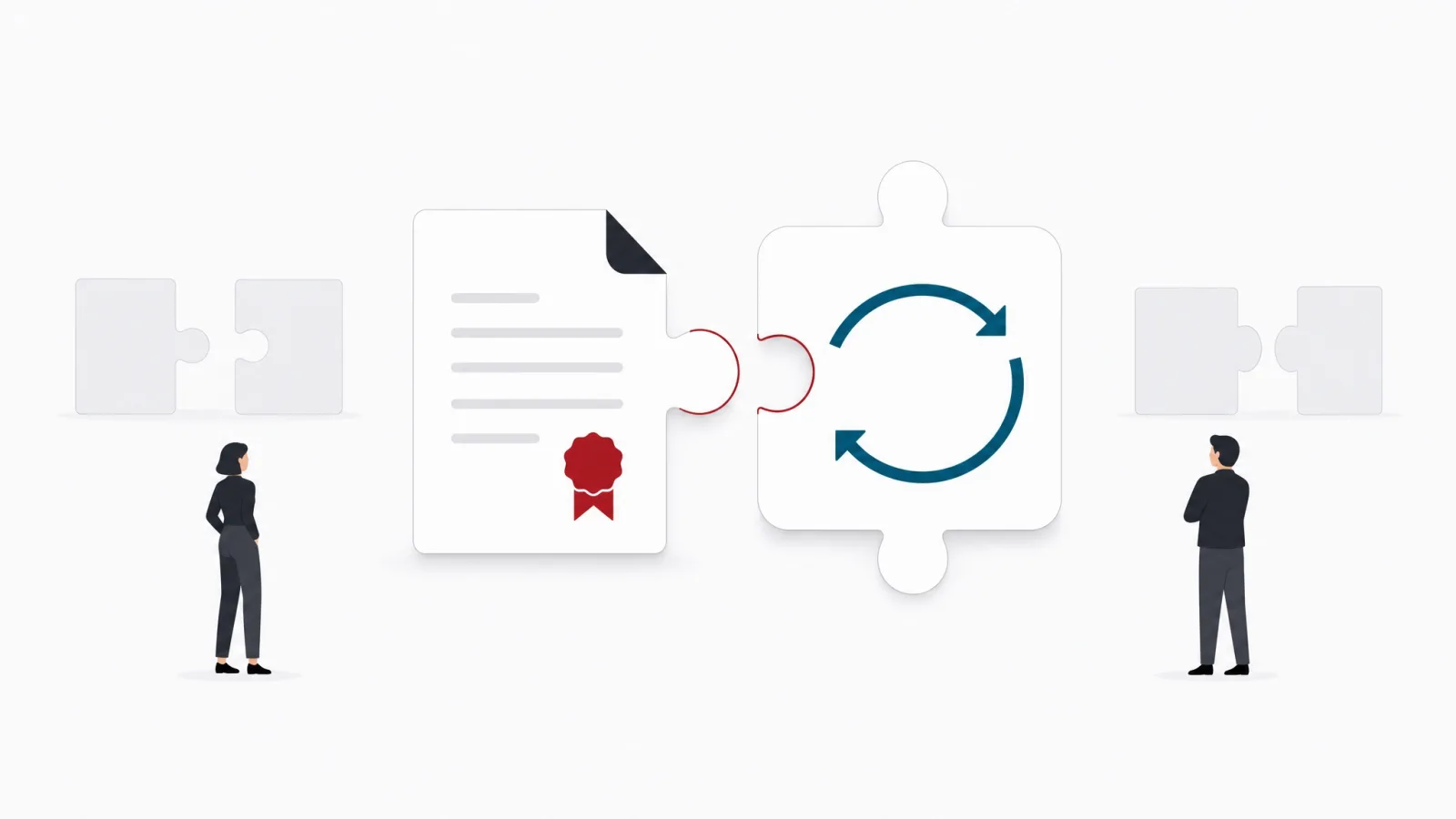 A contract-shaped puzzle piece joining perfectly with a loop-shaped piece, a mismatched pair faint behind